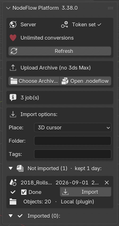 Панель NodeFlow Platform в боковом меню Blender